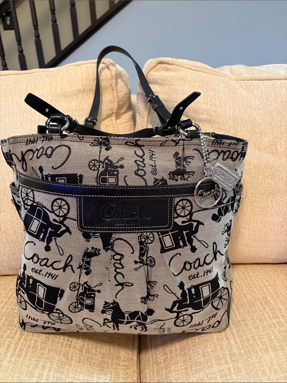 Coach Black and Beige Signature Carriage Canvas Tote with Leather Trim